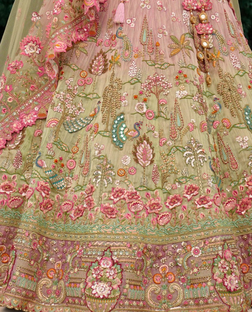 Green - Pistachio Green Fancy Silk Lehenga Choli With Cut Work Embroidery Border & Stone Work